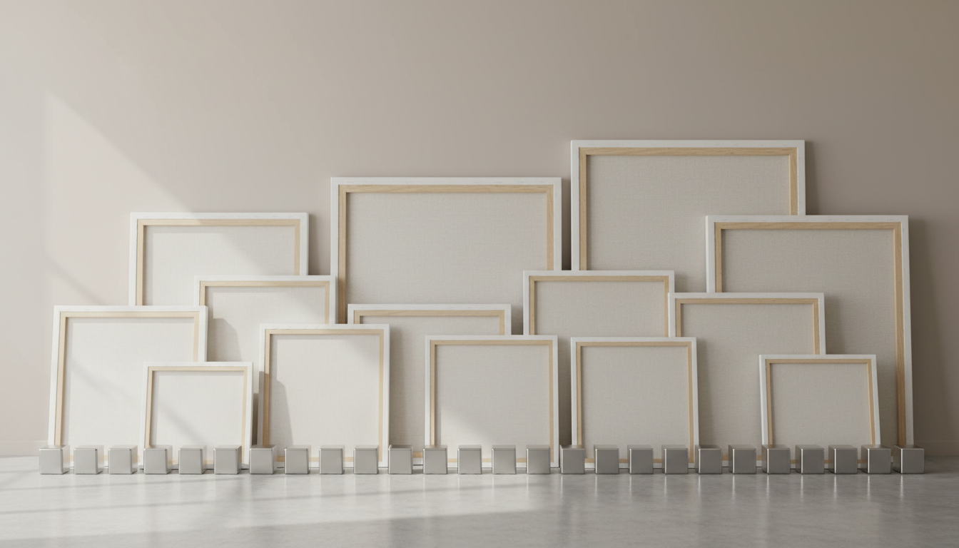 An assortment of premium, blank artist canvases leaning against a seamless, pale taupe wall within a spacious, uncluttered studio. The canvases, of varying sizes, feature crisp, clean edges and tightly stretched surfaces. At the base, a row of squared, chrome-finished paint jars is flawlessly aligned. Soft, indirect daylight enters from off-frame, illuminating the canvas textures and casting subtle, symmetrical shadows along the floor. The mood is serene, aspirational, and highly professional, with a sense of readiness for creative work. Captured from a straight-on, eye-level perspective with a balanced composition, the image feels structured, harmonious, and embodies photographic realism with a corporate elegance.