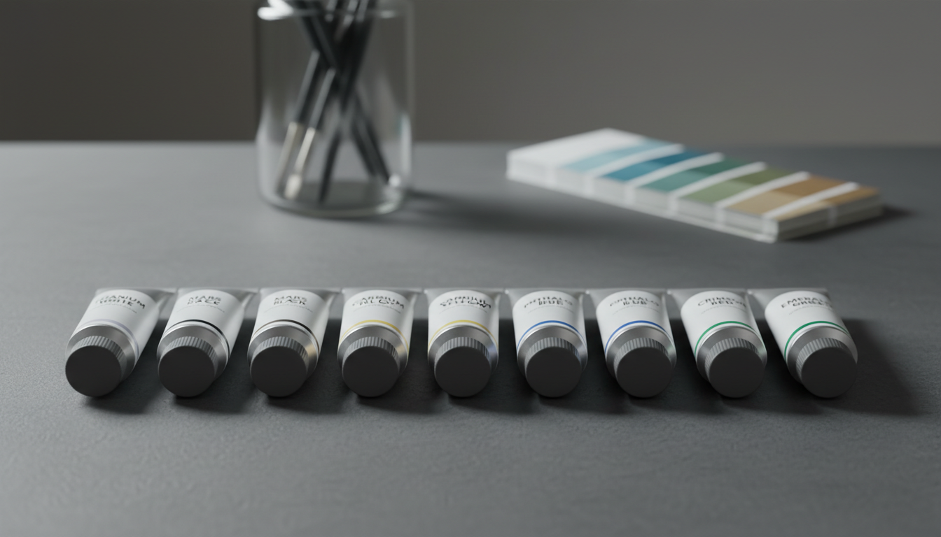 A close-up of premium acrylic paint tubes arranged in a perfectly straight row on a matte, slate-gray tabletop, each tube capped and labeled with minimalist typography. The texture of the tubes’ soft metal catches cool studio lighting, revealing crisp highlights and delicate shadows. In the softly blurred background, a glass jar with neatly rinsed paintbrushes and a structured stack of color swatches enhance the sense of order and professionalism. The clean lines, balanced composition, and neutral palette evoke a corporate, refined mood. The camera is positioned at eye-level with a shallow depth of field, ensuring tactile detail in the foreground, and the overall style is photographic and modern, fitting a high-end painting supply store.