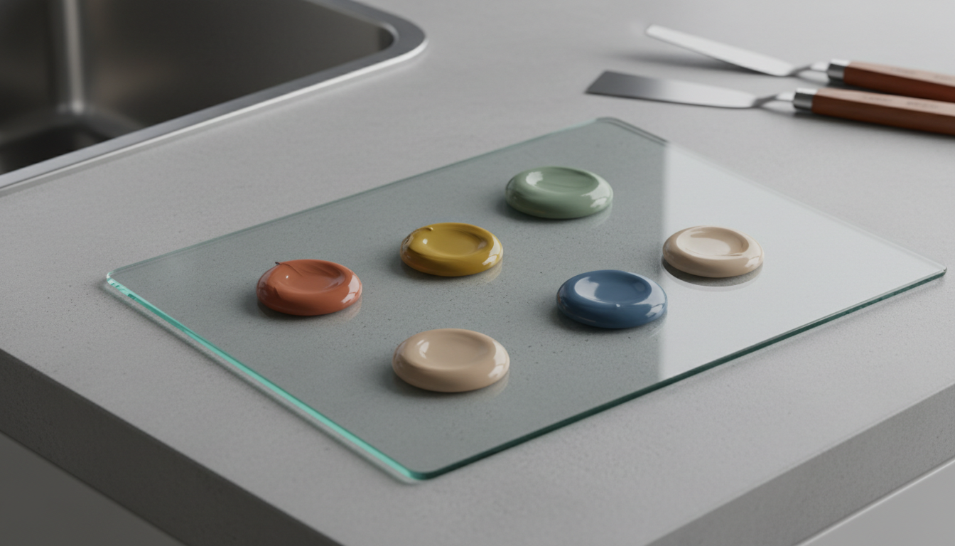 A pristine, clear glass palette resting atop a smooth concrete counter with a minimalist, neutral color scheme. Small dollops of high quality oil paint in muted earth tones are artfully arranged on the palette, displaying creamy texture and subtle sheen. In the background, accented by soft, focused studio light, sits a neatly stacked pile of flat paint spatulas, and the faint edge of a brushed steel wash basin. The overall feel is organized and precise, creating a clean, balanced, and professional atmosphere. The composition uses the rule of thirds and a shallow depth of field, accentuating the tactile detail of the paint and glass, while aligning with a photographic, corporate style ideal for a painting supply store.